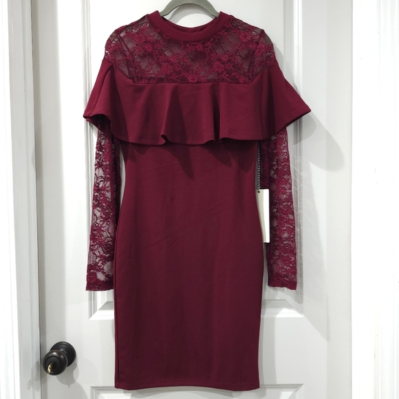 ✨️4/$20 Nwt Wine Burgundy Bodycon Long Sleeve Dress, Lace Details, Ruffle Detail - Picture 3 of 13